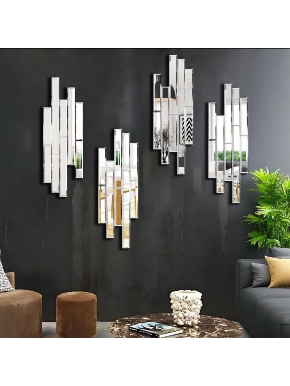 Set of 4 Silver Beveled Wall Mirrors - 24x8 Inch, Modern Farmhouse Decor